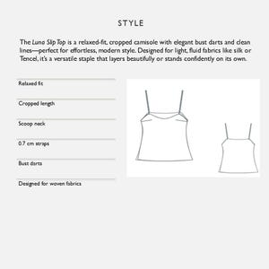 May include: Line drawing of a camisole with a scoop neck and thin straps. The text "STYLE" is at the top. The description says the camisole is relaxed-fit, cropped, and designed for woven fabrics. The straps are 0.7 cm.
