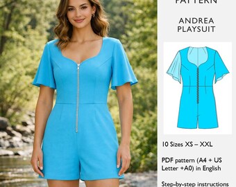 Playsuit Sewing Pattern | Sweetheart Neckline, Flared Sleeves, Wide‑Leg Shorts Romper | Digital PDF Pattern - in English