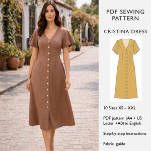 Patrón de costura para vestido de mujer de corte A, vestido midi con botones delanteros, mangas acampanadas, descarga digital en PDF - en inglés
