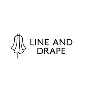 May include: A black and white logo featuring a stylized umbrella design with the words "LINE AND DRAPE" in a clean, sans-serif font. The umbrella graphic is on the left, and the text is to the right.