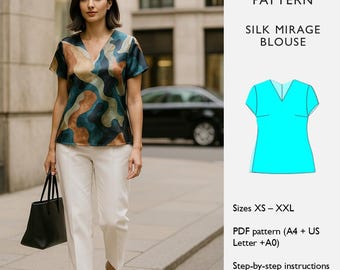 Blouse – PDF Sewing Pattern –  Relaxed Fit V-Neck Top –  Easy Summer Blouse Pattern for Women – The Silk Mirage Blouse  - in English