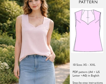 Schnittmuster für Oberteil | Sweetheart Ausschnitt Bluse | Lockere Ärmellose Bluse | PDF Digital Download - in Englisch