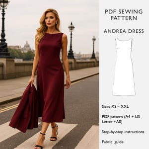 Op de afbeelding: Een vrouw draagt een mouwloze, bordeauxrode midi-jurk en houdt een bijpassende blazer vast. De jurk heeft een boothals. De afbeelding bevat een PDF-naaipatroon voor de "Andrea Dress", met maten XS-XXL, stapsgewijze instructies en een stoffengids.