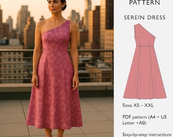 Patrón de costura para vestido midi de un solo hombro — Corte A — Descarga digital en PDF — Vestido Serein - en inglés