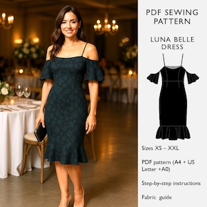 Op de afbeelding: Een vrouw draagt een donkergroene off-the-shoulder jurk met een bloemenpatroon en een gefranjerde zoom. De jurk heeft spaghettibandjes en korte mouwen. De afbeelding bevat ook een PDF-naaipatroon voor de "Luna Belle Dress" in de maten XS-XXL.