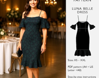 Dress Sewing Pattern — Pencil Silhouette with Off-Shoulder Sleeves and Flounced Hem — PDF Digital Download — Luna Belle Dress  - in English