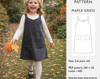 Girls Trapeze Dress PDF Sewing Pattern • Toddler & Girls Pinafore Dress • A‑Line  Pattern •   2-6 years old  - in English