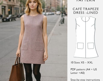 Trapeze Dress Sewing Pattern With Lining - PDF Download - Mini Shift Dress with Armhole Darts, Front Seam & Patch Pockets  - in English
