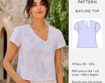 Top Sewing Pattern | Asymmetrical Neckline Blouse Pattern | Relaxed Fit Women’s Top | Instant PDF  Download  - in English