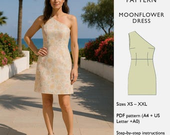 Schnittmuster für Kleid — Eine Schulter, Oberhalb des Knies — PDF Schnittmuster für Kleid — Moonflower - in englischer Sprache