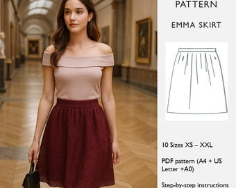 Skirt PDF Sewing Pattern – Gathered Knit Skirt with Waistband, Above Knee Length – Digital Download  - in English