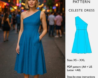 One-Shoulder Midi Dress Sewing Pattern - Flared Skirt and Pockets — Fitted Bodice - PDF Digital Download —  in English