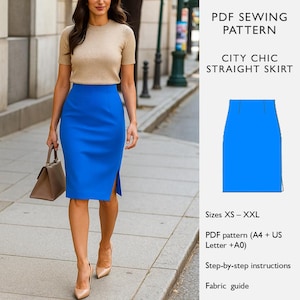 May include: A woman in a tan top and a vibrant blue pencil skirt with a side split. She carries a brown handbag and wears nude heels. The image includes a PDF sewing pattern for a City Chic Straight Skirt, with sizes XS-XXL.