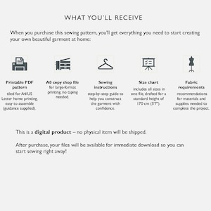 May include: White graphic with text "WHAT YOU'LL RECEIVE" and icons representing a printable PDF pattern, A0 copy shop file, sewing instructions, size chart, and fabric requirements. Text states this is a digital product.