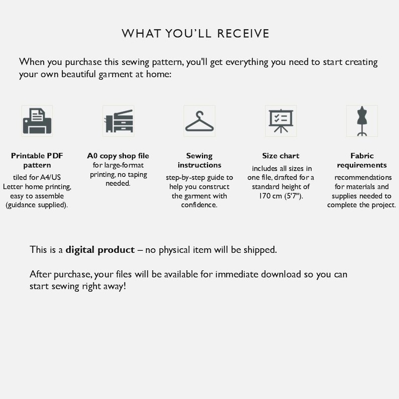 May include: White graphic with text "WHAT YOU'LL RECEIVE" and icons representing a printable PDF pattern, A0 copy shop file, sewing instructions, size chart, and fabric requirements. Text states this is a digital product.