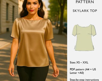 Patrón de costura para blusa — Patrón PDF de blusa con cuello barco, mangas abullonadas y abertura lateral en el bajo — Top Skylark - en inglés
