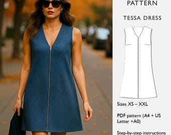 Trapez Zip Front Kleid Schnittmuster - PDF Digital Download - Oberhalb Knie Mini - Ärmelloses Kleid mit V-Ausschnitt - in Englisch