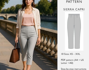 Capri Hose Schnittmuster - Slim Fit Capri Hose mit Taillenabnäher, seitlicher Reißverschluss - PDF Digital Download - in englischer Sprache