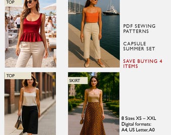 The Essential Summer Capsule Sewing Pattern Bundle | 4 Garments | 2 Tops, Trousers, Skirt - Digital PDF Patterns  - in English