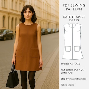 Trapeze Dress Sewing Pattern - PDF Download - Mini Dress with Armhole Darts, Front Seam & Patch Pockets  - in English