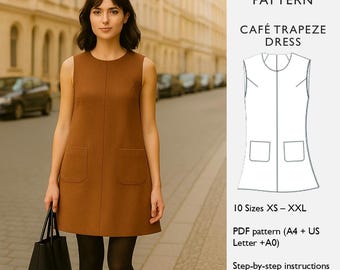 Trapeze Dress Sewing Pattern - PDF Download - Mini Dress with Armhole Darts, Front Seam & Patch Pockets  - in English
