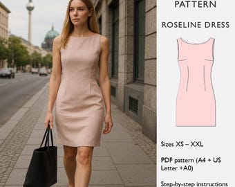 Dress Sewing Pattern  —  Above-the-Knee Straight Boatneck Sheath Dres — PDF Digital Download in English