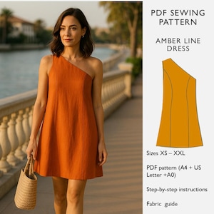 Może przedstawiać: Osoba nosi pomarańczową sukienkę z jednym ramieniem podczas spaceru na zewnątrz. Sukienka jest połączona z plecioną torbą. Obraz zawiera również grafikę sukienki i tekst: "PDF Sewing Pattern, Amber Line Dress, Rozmiary XS-XXL".
