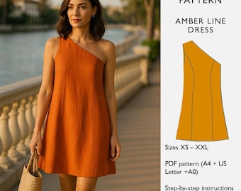 Patrón de costura de vestido — Vestido trapecio de un solo hombro — Patrón en PDF — Vestido de lino — Vestido de corte A — Vestido de corte ámbar - en inglés