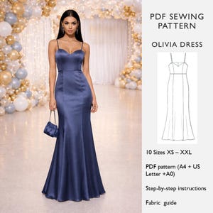 May include: A navy blue satin Olivia dress with spaghetti straps and a mermaid silhouette. The dress is paired with a matching small purse. The image also includes a PDF sewing pattern with instructions and sizing from XS to XXL.