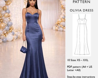 Evening Formal Dress Sewing Pattern -  Sweetheart Neck Trumpet Gown - Spaghetti Strap  Prom, Bridesmaid, Wedding- PDF Download- in English