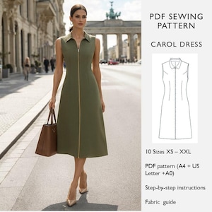 May include: An olive green sleeveless dress with a gold zipper, paired with nude heels and a brown tote bag. The image also includes a PDF sewing pattern for the "CAROL DRESS" in sizes XS-XXL, with step-by-step instructions and a fabric guide.