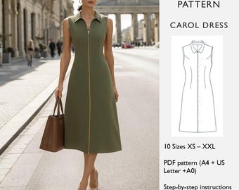 Patrón de costura para vestido sin mangas de corte A / Vestido con cremallera frontal por debajo de la rodilla / Cuello convertible / Patrón PDF para mujer - en inglés