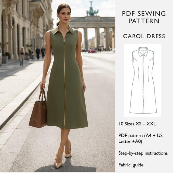 A-Line Sleeveless Dress Sewing Pattern | Below Knee Zip Front Dress | Convertible Collar |  Womens PDF Pattern  - in English