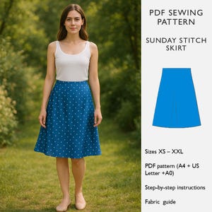 May include: A woman wearing a white tank top and a blue polka dot skirt. The skirt is knee-length and has a flared shape. The image also includes text that says "PDF Sewing Pattern", "Sunday Stitch Skirt", and size options.