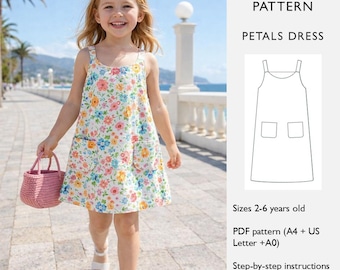 Mädchen Trapez Kleid Schnittmuster - 2 cm Träger - Oberhalb Knie - Taschen: 2-6 Jahre alt - in Englisch