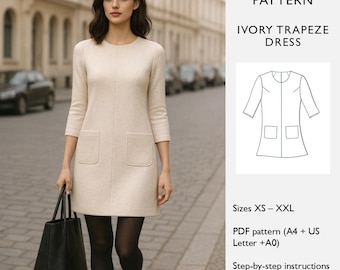 Ivory Trapeze Dress Sewing Pattern | 3/4 Sleeve Shift Dress PDF | Modern A-Line Dress Pattern | Women’s Mini Dress  - in English
