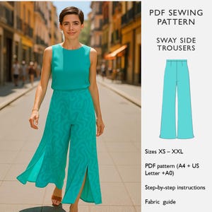 Puede incluir: Una persona con un top sin mangas turquesa y pantalones a juego de pernera ancha con aberturas laterales, caminando por una calle. Los pantalones tienen un patrón de ondas texturizadas. El texto a la derecha dice "PDF Sewing Pattern, Sway Side Trousers".