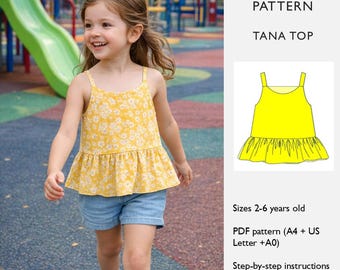 Girls Ruffle Peplum Top Sewing Pattern PDF, Kids Summer Cami Pattern, Toddler Top - 2-6Y  - PDF Digital Download  - in English