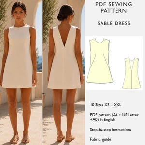 Può includere: Un abito Sable color crema senza maniche è mostrato davanti e dietro. L'abito ha una semplice silhouette a trapezio. L'immagine include anche un modello di cucito PDF con il testo "Sable Dress" e informazioni sulle taglie.