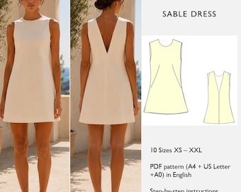 Dress Sewing Pattern | Trapeze Mini Dress Pattern | French Dart Shift Dress | Open plunging back | PDF Digital Download - in English