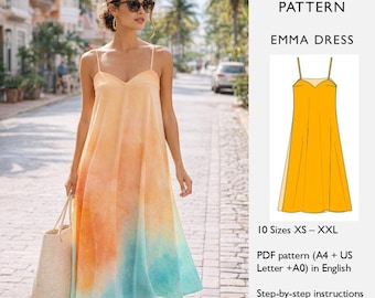 Midi Dress Sewing Pattern • Tent Strap Dress with Sweetheart Neckline & Bust Darts • Summer Dress PDF Digital Download - in English