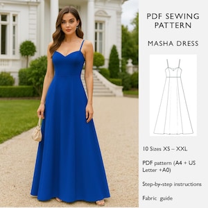 May include: A woman wearing a long, royal blue dress with spaghetti straps and a sweetheart neckline. The dress is floor-length and flowing. The image also includes a PDF sewing pattern for the Masha Dress, with size options from XS to XXL.