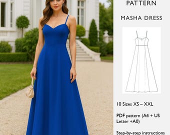 Patrón de costura para vestido de noche / Vestido con falda acampanada, escote corazón y tirantes / Descarga digital en PDF - Baile de graduación, dama de honor, boda - Inglés
