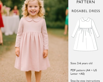 Patrón de costura para vestido de niña (talla 2-6 años): vestido de talle imperio con cuello Peter Pan, mangas largas y por encima de la rodilla. Descarga PDF (en inglés).