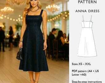 Patrón de costura para vestido midi de corte A - Tirantes anchos de 4 cm, cuerpo princesa - Descarga digital en PDF - en inglés