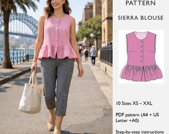 Blouse Sewing Pattern | Peplum Button Front Top Pattern | Sleeveless Summer Blouse -  PDF Download  - in English