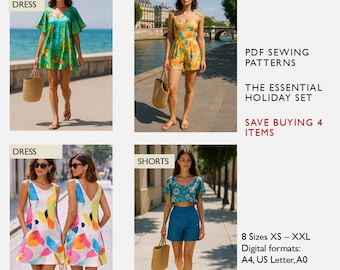 The Essential Holiday Set Sewing Pattern Bundle | 4 Garments | 2 Dresses, Playsuit, Shorts - Digital PDF Patterns  - in English