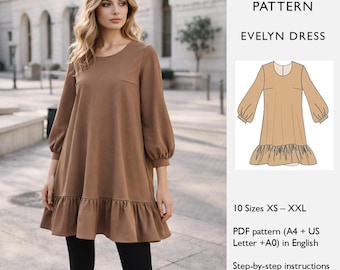 Patrón de costura para minivestido tipo tienda de campaña / Vestido de corte A con mangas obispo y bajo con volantes / Descarga digital en PDF - en inglés