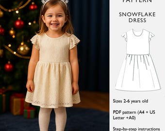 Girls Dress Sewing Pattern - 2-6Y - Stretch Fabric - Gathered Skirt - Short Flared Sleeves - PDF Digital Download  - in English
