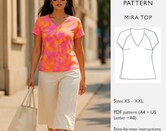 Patrón de costura para blusa con mangas raglán (descarga digital en PDF) - Pinzas de busto, escote en V curvo, corte holgado - Tejido elástico - en inglés